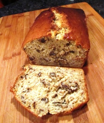 Warm, heavy, dense, and moist characterize this traditional loaf of banana nut bread